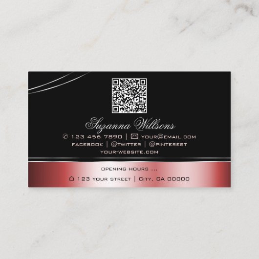 Kostbare zwart rode gebogen lijnen monogram QR-cod Visitekaartje (Achterkant)