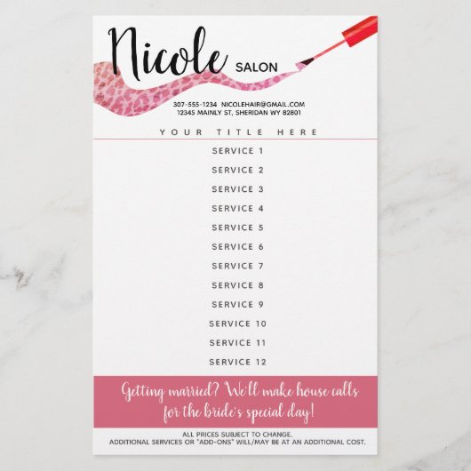 Kostenlijst voor kunstmanicure pedicure salon flyer (Voorkant)