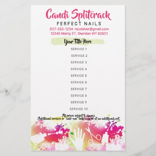 Kostenlijst voor kunstmanicure pedicure salon flyer (Voorkant)