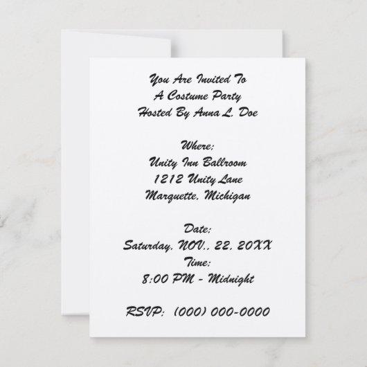 KOSTPARTIJMASQUERADE BALL INVITATION KAART (Achterkant)