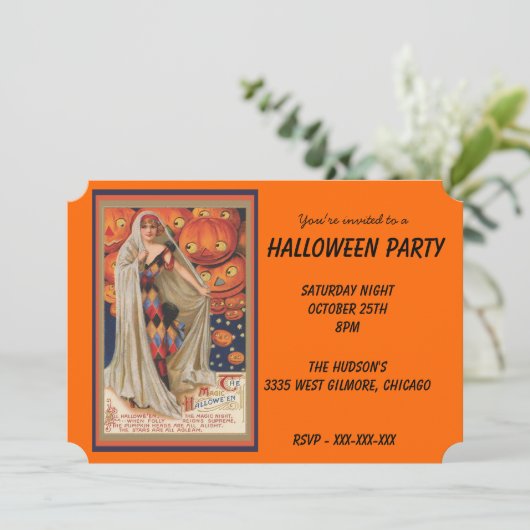  kostuum en pomkins Halloween Uitnodiging (Staand voorkant)