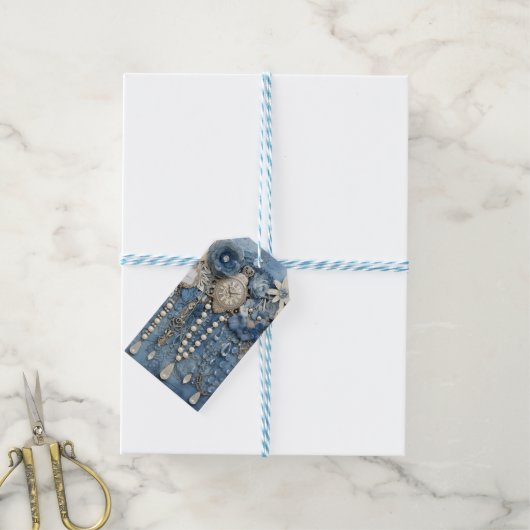 Kostuum sieraden op blauw Denim Cadeaulabel (Met Touw)