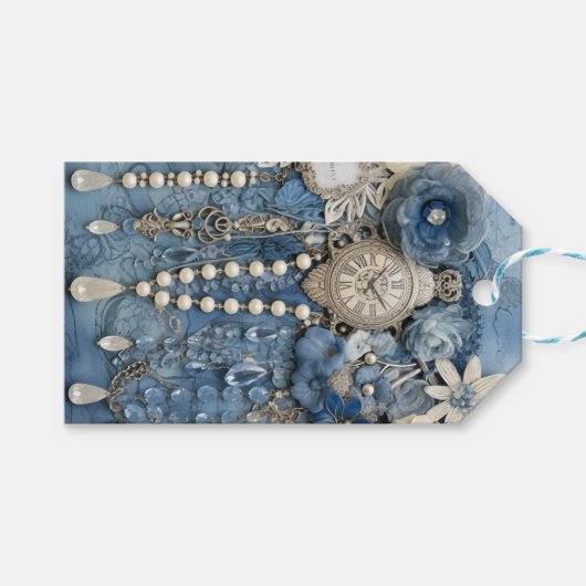 Kostuum sieraden op blauw Denim Cadeaulabel (Voorkant (Horizontaal))