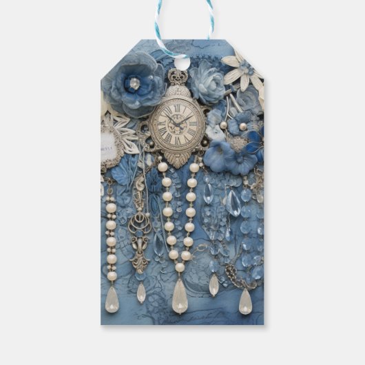Kostuum sieraden op blauw Denim Cadeaulabel (Achterkant)
