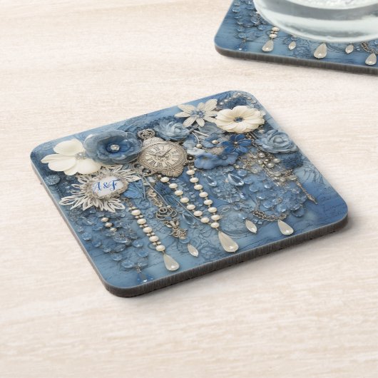 Kostuum sieraden op Blue Denim Bier Onderzetter (Linkerzijde)