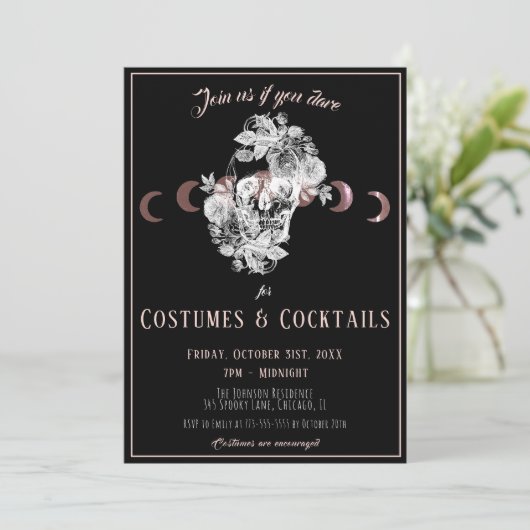 Kostuums & Cocktails Gothic Zwart & Wit Schedel Kaart (Staand voorkant)