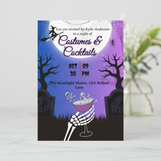 Kostuums & Cocktails Halloween Deel Uitnodiging  (Staand voorkant)