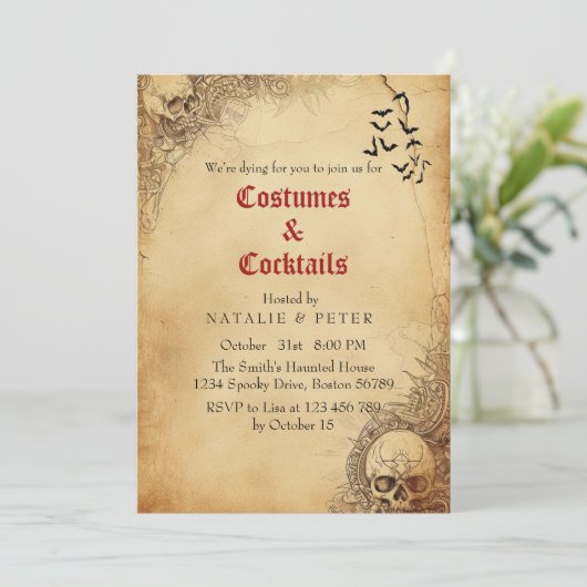 Kostuums & Cocktails I Skull Halloween Feest Kaart (Staand voorkant)