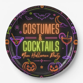 Kostuums & Cocktails Neon Halloween-feestdesign Papieren Bordje