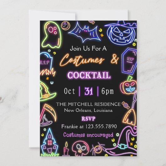 Kostuums en Cocktail Glow Dark Halloween Party Kaart (Voorkant)