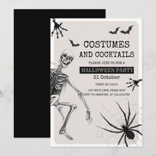 Kostuums en cocktails enge partij met skelet feestdagenkaart (Voorkant / Achterkant)