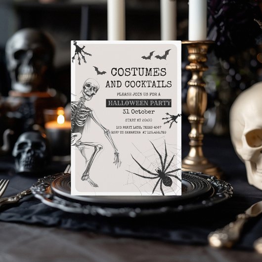 Kostuums en cocktails enge partij met skelet feestdagenkaart