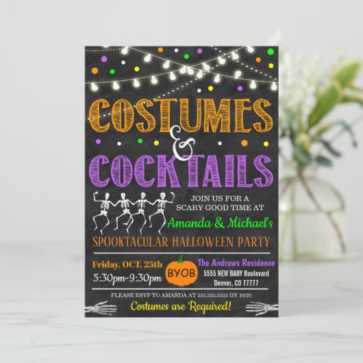Kostuums en cocktails Halloween uitnodiging (Staand voorkant)