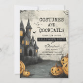 Kostuums en cocktails met spookhuis feestdagenkaart (Voorkant)