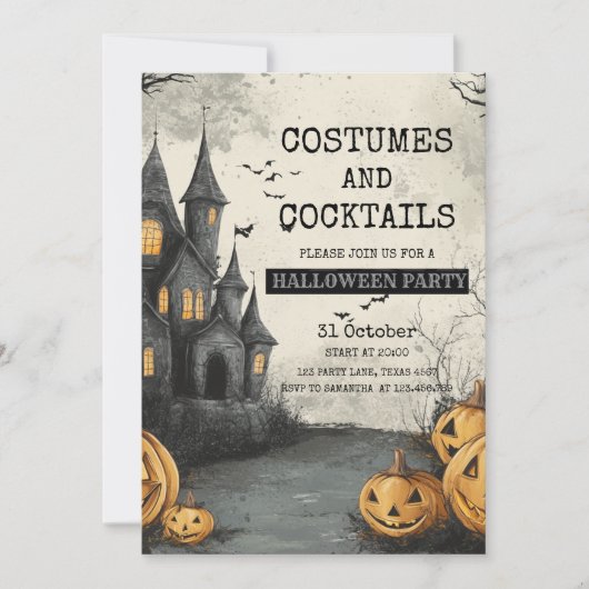 Kostuums en cocktails met spookhuis feestdagenkaart (Voorkant)