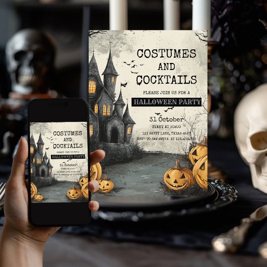 Kostuums en cocktails met spookhuis feestdagenkaart