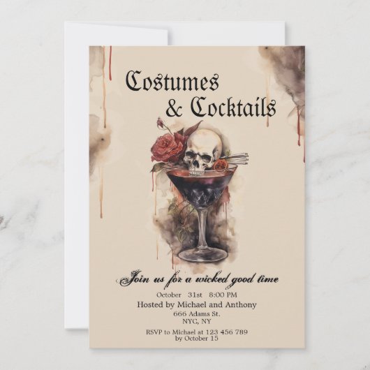 Kostuums en Cocktails Sculls & Rozen Halloween Kaart (Voorkant)