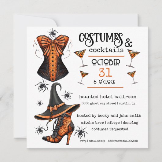 Kostuums en Cocktails Sinaasappel en zwart Hallowe Kaart (Voorkant)