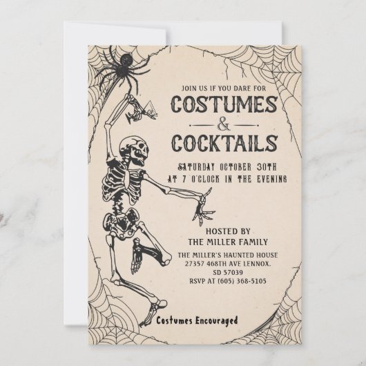 Kostuums en Cocktails Skelet Volwassen Halloween Kaart (Voorkant)