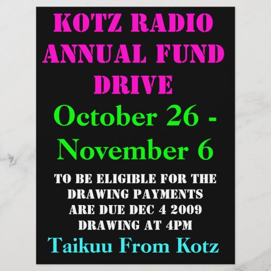 KOTZ RADIO JAARLIJKS FONDS DRIVE, 2009, 26 oktober Flyer (Voorkant)