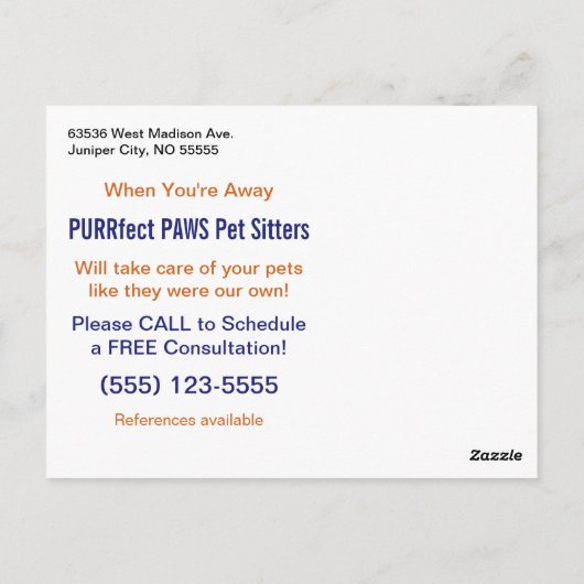 Kouch Kat Custom Pet Sitter's Adverteren Postca Briefkaart (Achterkant)