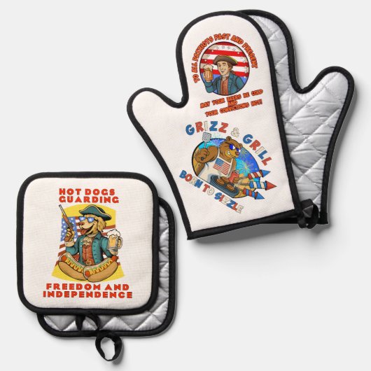 Koud bier op 4 juli ovenwant & pannenlap set (Voorkant / Achterkant)