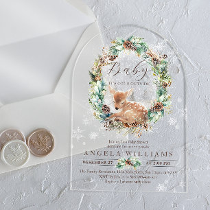 Koud buiten Blue Winter Floral Deer Baby shower Acryl Uitnodigingen