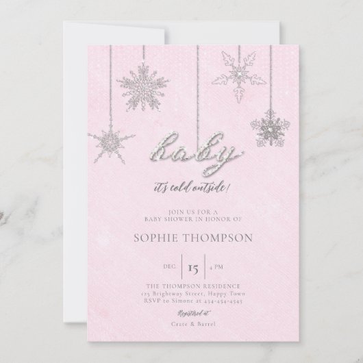 Koud Buiten Glitter Sneeuwvlokken Roze Baby shower Kaart (Voorkant)