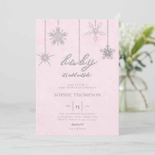 Koud Buiten Glitter Sneeuwvlokken Roze Baby shower Kaart (Staand voorkant)