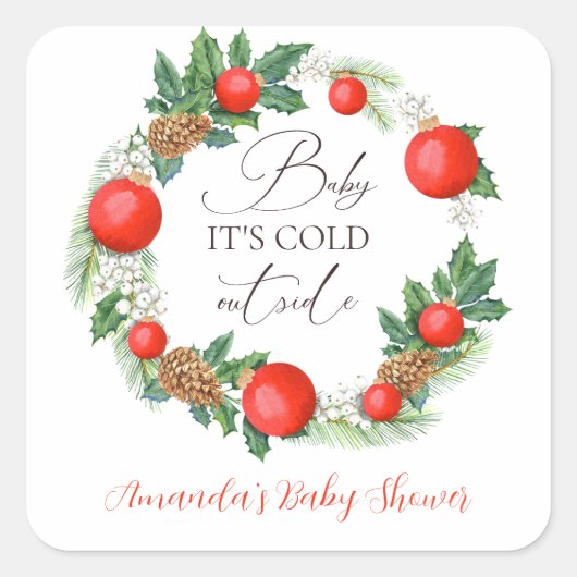 Koud Buiten Kerst Krans Winter Baby shower Vierkante Sticker (Voorkant)