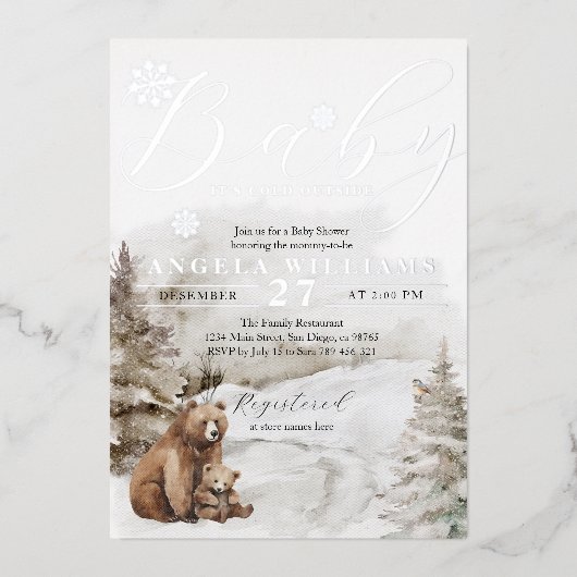 Koud buiten winterbos neutraal Baby shower Folie Uitnodiging (Voorkant)