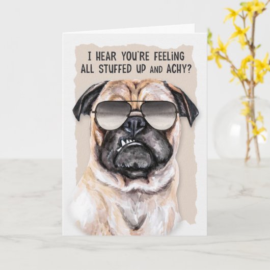 Koud of griep Funny Pug Dog krijgt een goede Kaart (Gele Bloem)