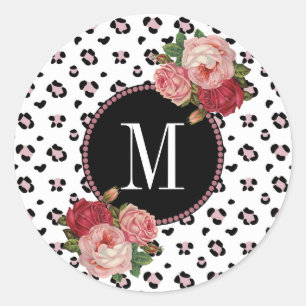 Koude Floral Leopard Roos Gold Monogram Ronde Sticker