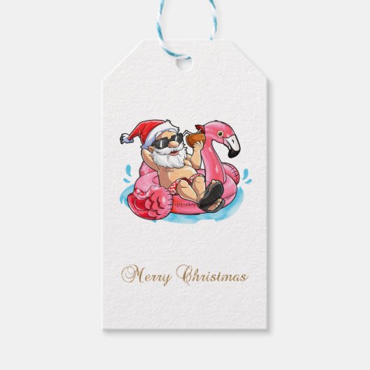 Koude Kerstman,Roze Flamingo's,Strand Bokeh Cadeaulabel (Voorkant)