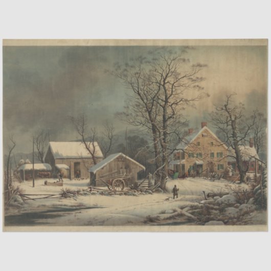 Koude Ochtend Boerderij Scène Currier & Ives Decou Tissuepapier (Voorkant)