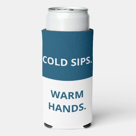 Koude Sips. Warm handen. Grappig citaat. Blauw en  Seltzer Blikjeskoeler (Seltzer Achterkant)