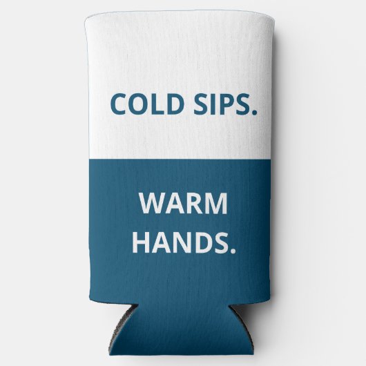 Koude Sips. Warm handen. Grappig citaat. Blauw en Seltzer Blikjeskoeler (Voorkant)