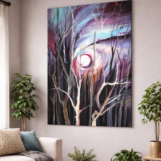 Koude winternacht met volle maan schilderen canvas afdruk