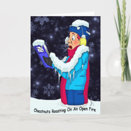 Koudkerst-Caroler die over een open vuur zingt Feestdagen Kaart