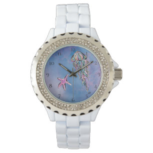 *~* Kous Waterverf strand Zee Jelly Fish Star Fish Horloge