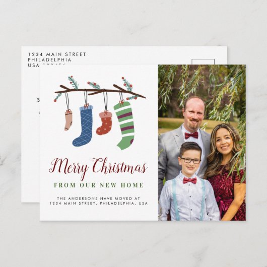 Kousen Vrolijk Kerstmis Nieuw Thuis Familie Verhui Aankondigingskaart (Voorkant / Achterkant)