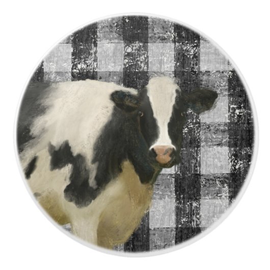 Kow Farmhouse Rustic Black in White Gingham Check Keramische Knop (Voorkant)