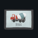 Koys Cute Construction Concrete Mixer en Naam Drievoud Portemonnee<br><div class="desc">Deze schattige en moderne kinder bouwportemonnee is voorzien van een rode en blauwe betonmixer en een plek waar je de naam van je kind kunt toevoegen. Ideaal voor elke kleine jongen die droomt van een bouwer te zijn!</div>