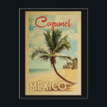 Kozumel Briefkaart Palm Tree Vintage Travel<br><div class="desc">Een unieke retro middeleeuwse moderne Cozumel Mexico-kunst in de klassieke stijl van het poster. Het bevat een gebogen palmboom op zandige stranden met oceaan onder een blauwe troebele hemel.</div>