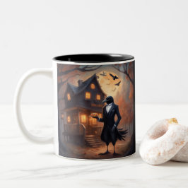 Kraai deelt Halloween snoep uit Tweekleurige Koffiemok