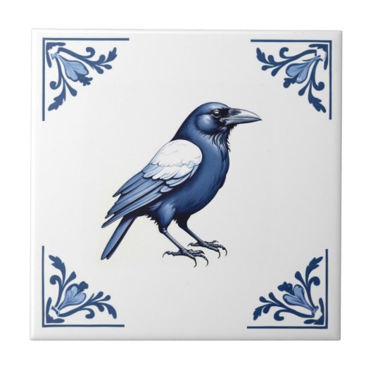 Kraai Delfts Blauw en Witte Bloemhoeken Vogel Tegeltje (Voorkant)