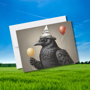 Kraai die gele ballon vasthoudt verjaardagshoed briefkaart