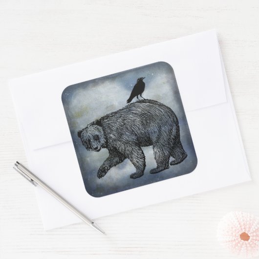 Kraai en Beer Vierkante Sticker (Envelop)