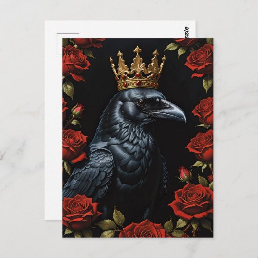 Kraai In Een Gouden Kroon Ruby Rode Rozen Briefkaart (Voorkant / Achterkant)