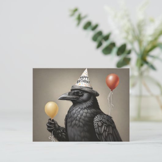 Kraai met gele ballon happy birthday pet briefkaart (Staand voorkant)